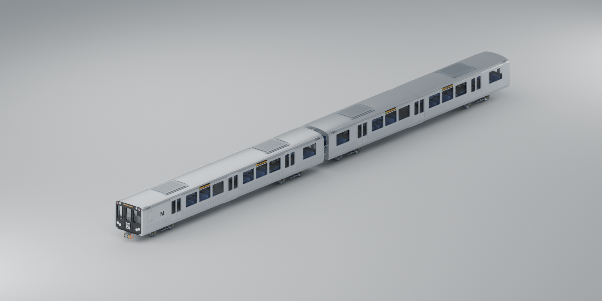 Digital render of a modeled WMATA 7000-series A and B railcar pair, with illustrative paint and graphics